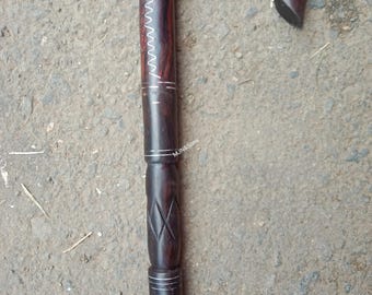 36 Inch Handcarved Blackwood Walking Stick with Engraved Inlay Mettalic Silver Embellishments
