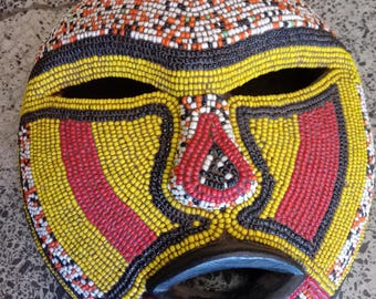 Hand beaded African Tribal Mask, Hand-Carved Wood Sese Mask, Yellow Mukticolor beaded Decorative Wall Mask