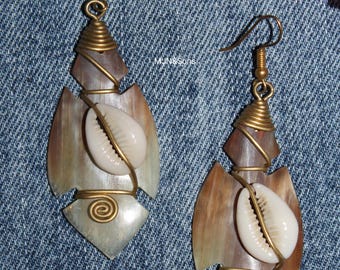 Polished cow horn Dangle earrings with cowrie shell accented with hand-wound brass wire