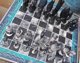 14 Inch Stained White and Black Soapstone Chess Board Game