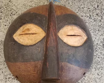 Traditional African Tribal Mask, Hand-Carved Wood, Blac, Brown and Cream Decorative Wall Mask
