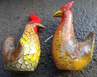2 Hand-carved and hand-painted wooden rooster and hen figurines