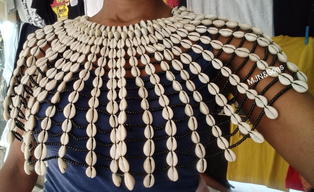 Bohemian Cowrie Shell With Black Beads Fringed Statement Wrap African ...