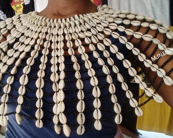Bohemian Cowrie Shell with Black Beads Fringed Statement Wrap African Fashion Necklace