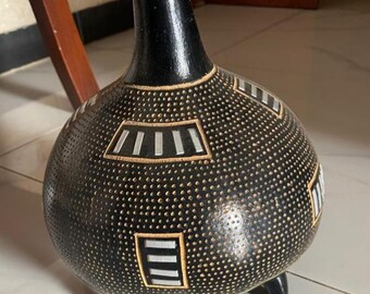 Handmade Black Etched Gourd Vase, Tribal African Decor