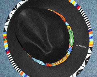 Black Fedora Hat with Masai Beaded Band, Unisex Summer Fashion