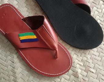 Handmade Brown Leather Sandals – Beaded Maasai Design, Rubber Sole