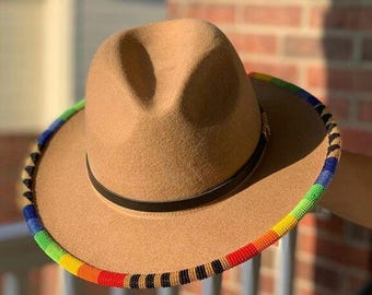 Beige Fedora Hat – Masai Rainbow Beaded Summer Hat