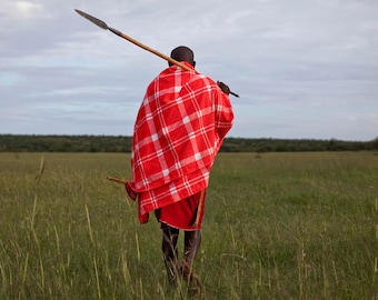 Two Red & White Checkered Maasai Shuka Throw – African Blanket, 60x80Inches