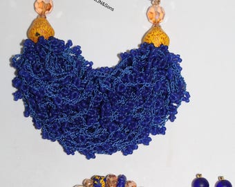 Chunky Crochet Bead Blue Necklace Set with Bracelet and Earrings