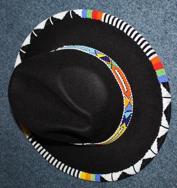 Black Fedora Hat with Masai Beaded Band, Unisex Summer Fashion