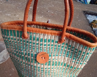 Green Striped Sisal Kiondo Bag with Leather Straps (12 Inch Depth) - Beige+Green