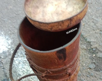Vintage African Wood and Leather Honey Pot Container