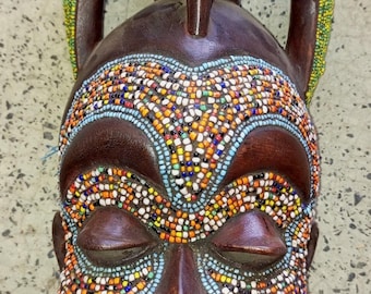 Green & Multi-color Hand beaded African Tribal Mask, Hand-Carved Wood Sese Mask, Home Decor Wall Hanging African West Africa Sese Mask