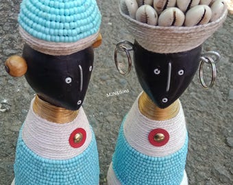 Handcarved Cameroon Namji fertility doll couple with beads and cowrie shells