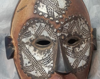 Cameroon Wooden Decor Wall Mask with Etched Metallic Patterns and Rivet  Elements
