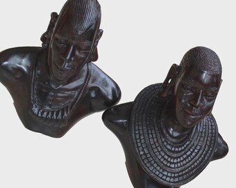 7" African Tribal Art Maasai Decorative Busts, Hand-Carved Dark Ebony Wood