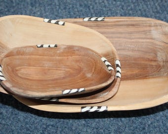 African Olive Wood Fruit Bowls, Set of 3