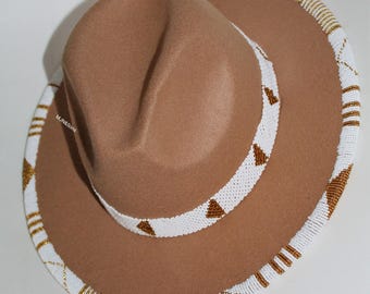 Beige Fedora Hat - African Masai Beaded Summer Hat, 57cm