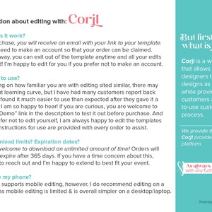 May include: Informational graphic with text about editing templates using Corjl. The text explains how it works, ease of use, download limits, and phone compatibility. A teal sidebar provides a brief description of Corjl and its purpose.
