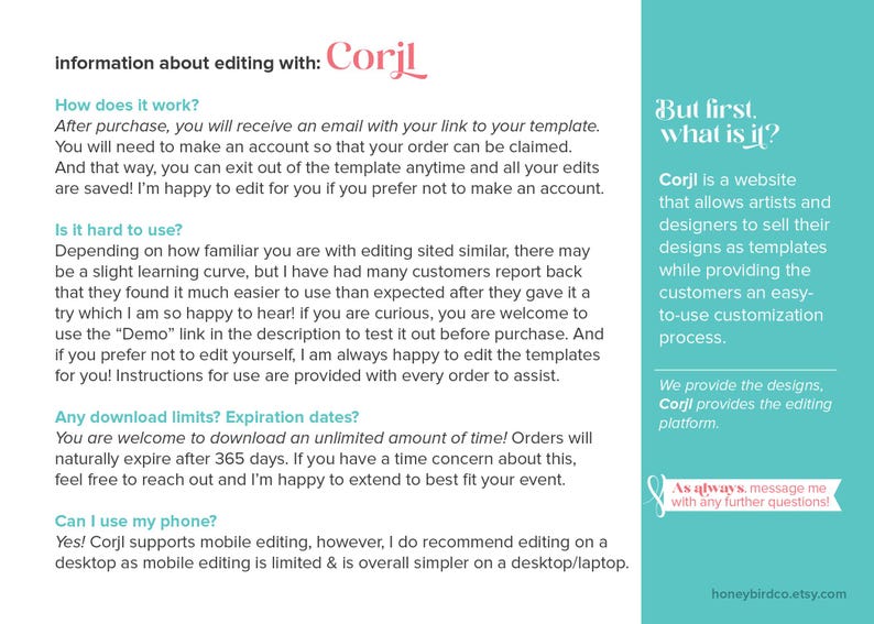 May include: Informational graphic with text about editing templates using Corjl. The text explains how it works, ease of use, download limits, and phone compatibility. A teal sidebar provides a brief description of Corjl and its purpose.
