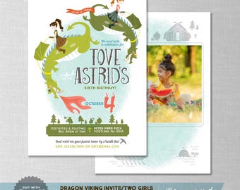 Viking Dragon Birthday Invite | Two Girls, Editable, Corjl (Digital Download)