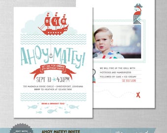 EDITABLE! Pirate | Ahoy Matey | Ship | Treasure Island Birthday Invitation | Digital Download | Corjl