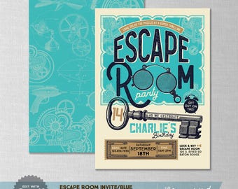 EDITABLE! Escape Room | Mystery | Game Birthday Invitation | Blue Version | Digital Download | Corjl