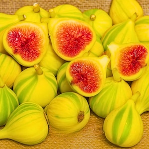 May include: A close-up shot of several ripe figs, some halved to reveal the vibrant red interior. The figs have a yellow skin with green stripes. The image showcases the natural beauty and texture of the fruit.