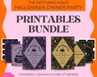 May include: A Halloween-themed printable bundle with the text "The Witching Hour Halloween Dinner Party." The bundle includes invitations and other printables in purple, black, and gold, with witchy graphics.
