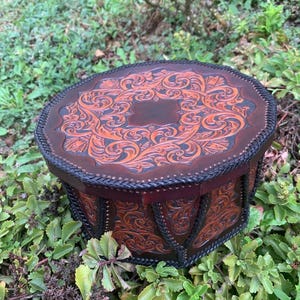 Hand-Carved Leather Box with Baroque Floral Pattern – Unique Round Decorative Storage