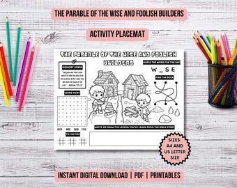 Wise and Foolish Builders Bible Lesson Kids Ministry Parables of Jesus Activity Placemat Christian Kids Bible Study Printable Coloring Pages
