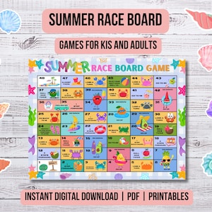 子供向けサマービーチレースボードゲーム（印刷可能）｜カニとフルーツを使ったサイコロゲーム、数え方、算数遊び｜スクリーンフリーサマーゲーム｜サマーゲーム