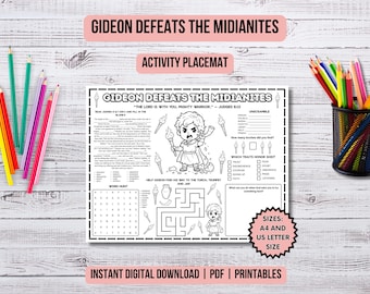 Gideon The Judge Activity Placemat Christian Kids Bible Study Gideon Defeats the Midianites Bible Story Coloring Page Kids Ministry Lessons