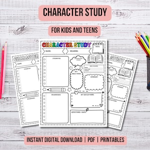 May include: Character study worksheets for children and teenagers. The design includes three printable sheets with sections for name, meaning, strengths, weaknesses, and reflections. Colour pencils and a pencil holder are also visible.