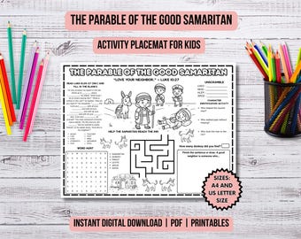 Parables of Jesus Activity Placemat Christian Kids Bible Study The Good Samaritan Story Coloring Page Kids Ministry Printable Bible Activity