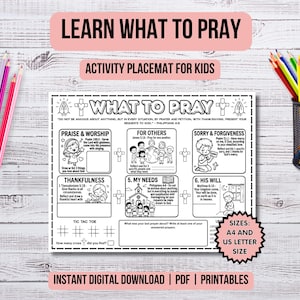 Puede incluir: Un mantel individual de actividades blanco para niños con el texto "Learn What to Pray" y "What to Pray". El mantel individual incluye secciones para temas de oración, un juego de tic-tac-toe y el texto "Instant Digital Download | PDF | Printables". Lápices de colores en la imagen.