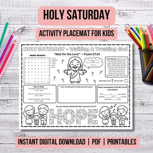 Holy Saturday Activity Placemat for Kids, Waiting and Trusting God Bible Printable, Christian Sunday School Sheet Holy Week Church Activity