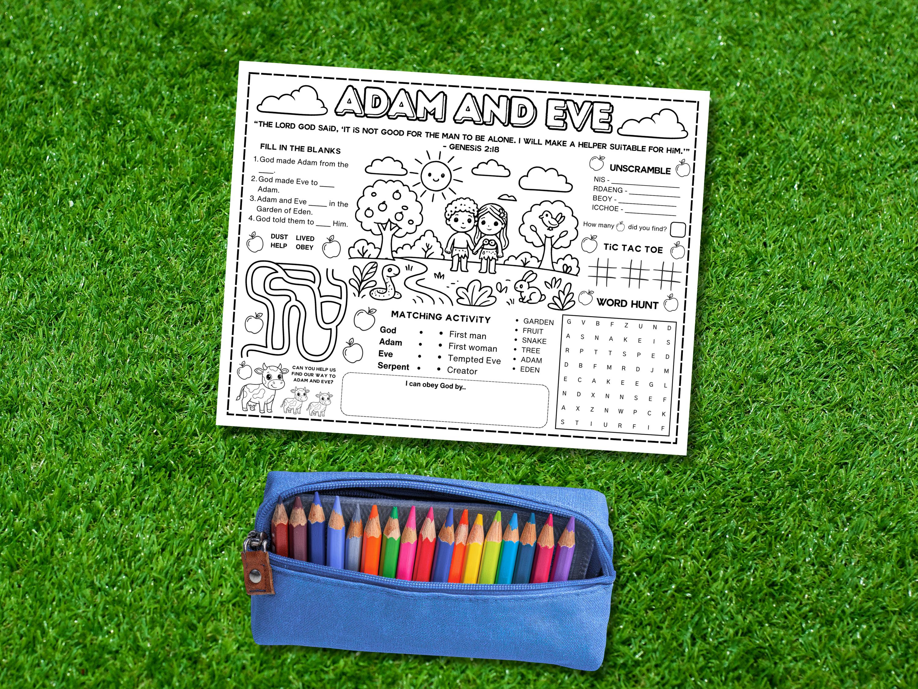 Adam and Eve Activity Placemat Bible Coloring Worksheet for Kids Church ...