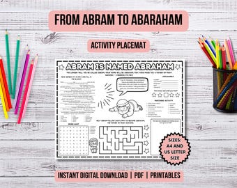 Puede incluir: Un mantel individual de actividades en blanco y negro titulado FROM ABRAM TO ABARAHAM, que incluye una sopa de letras, un laberinto y ejercicios de completar espacios sobre la historia bíblica de Abram. La hoja contiene texto, ilustraciones y la nota SIZES: A4 AND US LETTER SIZE.
