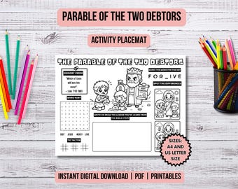 Parable of the Two Debtors Activity Placemat Christian Kids Coloring Page Parables of Jesus Printable Bible Lessons Church Kids Bible Study