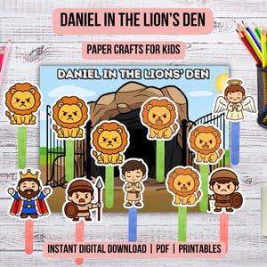 Könnte beinhalten: Ein farbenfrohes Bastelset aus Papier mit der Geschichte von Daniel in der Löwengrube. Das Set enthält illustrierte Charaktere, Löwen und eine Grubenszene, mit dem Text "DANIEL IN THE LION'S DEN" und "PAPER CRAFTS FOR KIDS".