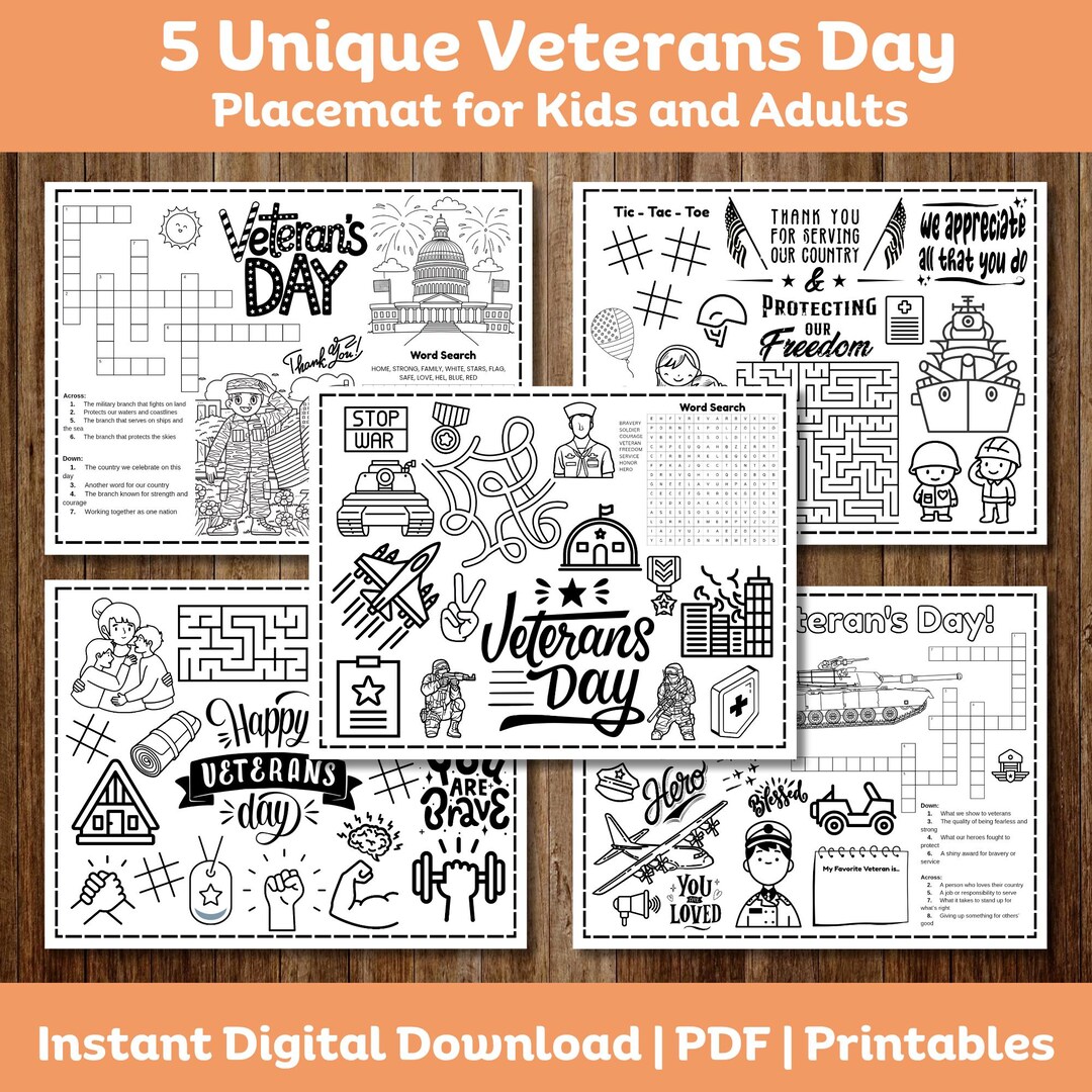 Veterans Day Activity Placemats for Kids Printable Patriotic Coloring ...