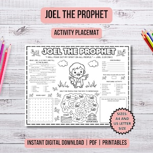Puede incluir: Un mantel individual de actividades en blanco y negro titulado Joel The Prophet con una figura de dibujos animados, una sopa de letras, un laberinto y actividades de emparejamiento. El texto incluye Joel 2:28. Disponible en A4 y US Letter.