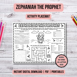 以下が含まれることがあります： 迷路、ワードハント、並べ替えゲームが特徴の白黒のZephaniah the Prophetアクティビティプレースマット。印刷可能なシートには、テキスト、音符、漫画のキャラクターが含まれています。A4およびUSレターサイズでダウンロード可能です。