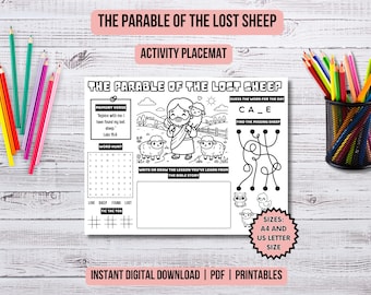 The Parable of the Lost Sheep Bible Lesson Kids Ministry Parables of Jesus Activity Placemat Christian Kids Activity Printable Coloring Page