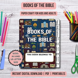 Puede incluir: Un libro de manualidades titulado "Books of the Bible" con una cubierta azul con ilustraciones bíblicas. Lápices de colores, tijeras y una grapadora están dispuestas alrededor del libro. El texto incluye "Paper Craft for Kids and Adults" y "Instant Digital Download | PDF | Printables."