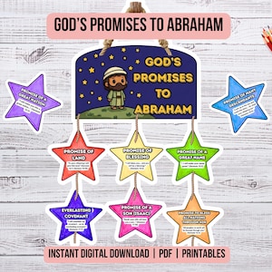 May include: A colorful wall hanging with the text "God's Promises to Abraham" and illustrations of Abraham and stars. The hanging includes star-shaped cards with promises written on them. The words "Instant Digital Download | PDF | Printables" are at the bottom.