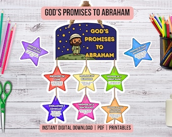 Puede incluir: Un colorido adorno de pared con el texto "God's Promises to Abraham" e ilustraciones de Abraham y estrellas. El adorno incluye tarjetas en forma de estrella con promesas escritas. Las palabras "Instant Digital Download | PDF | Printables" están en la parte inferior.