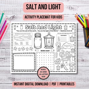 Salt and Light Activity Placemat for Christian Kids Be the Salt Bible Verse Coloring Mat Kids Church Activity Printable Children Scripture